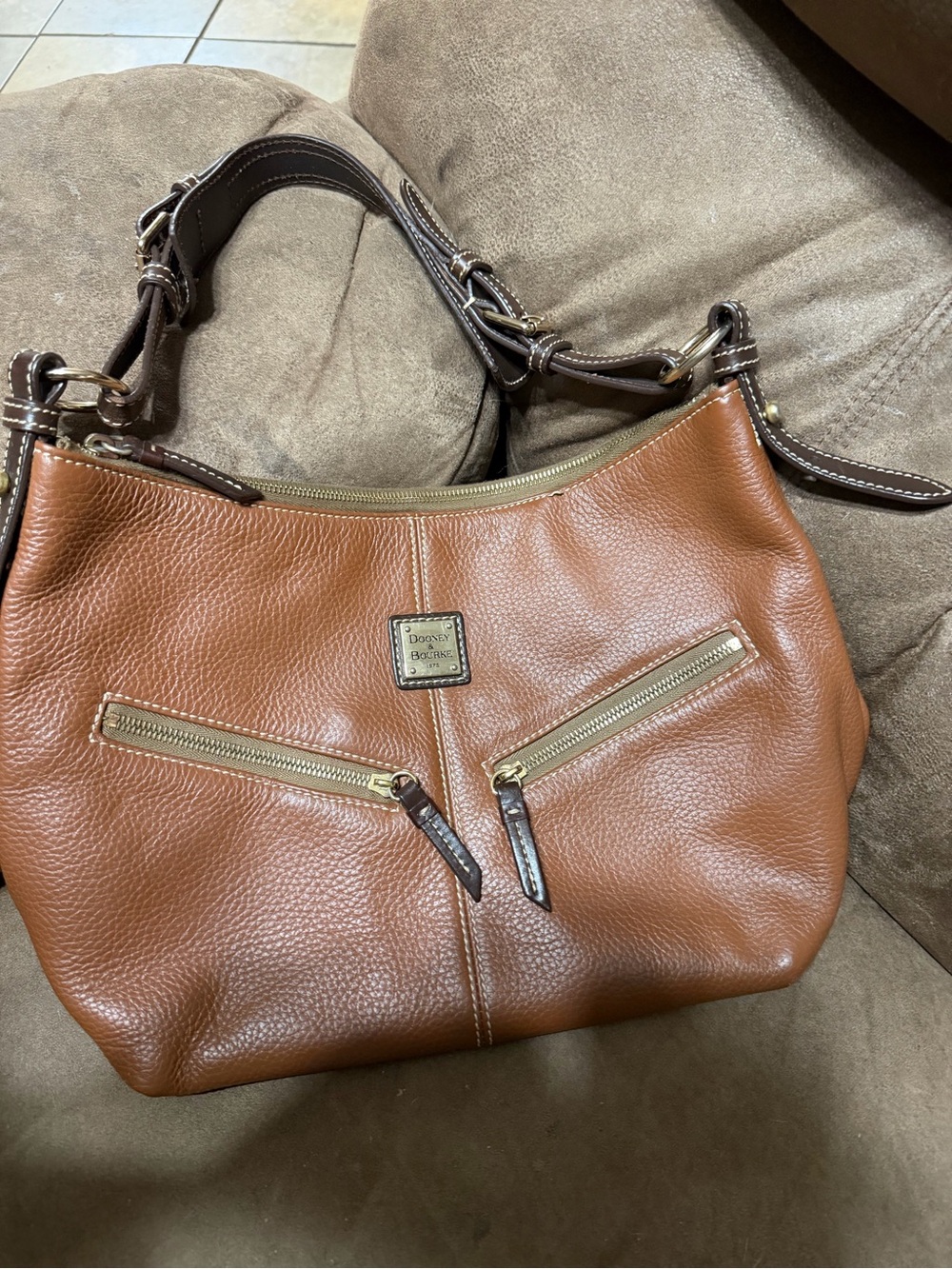 Dooney & Bourke Cognac Pebble Leather Shoulder Bag with Dark Brown Trim
